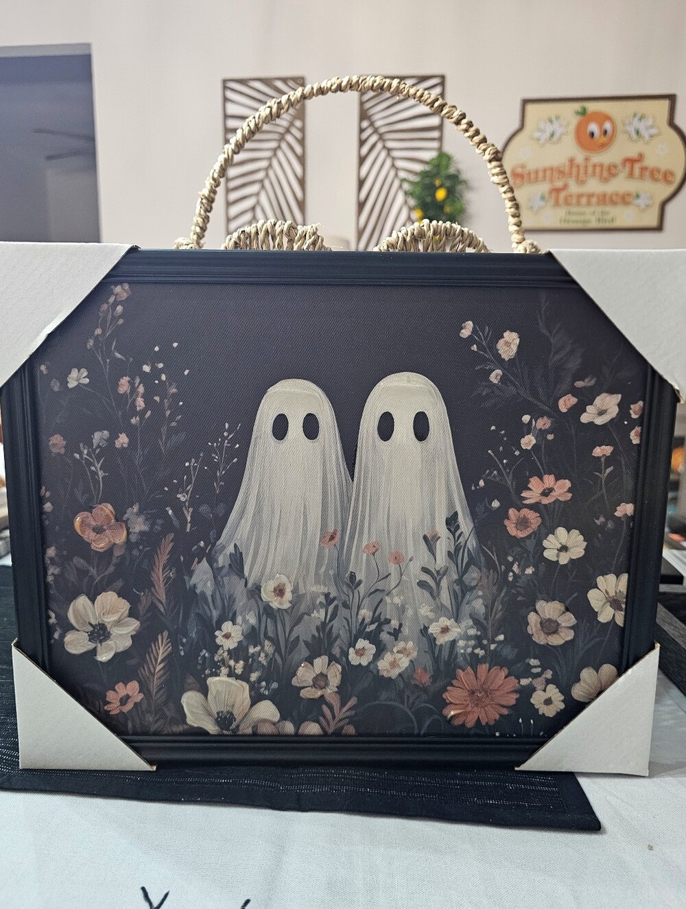 New! Halloween Floral Ghosts Framed Canvas Wall Art 11"x14"